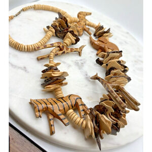 Vintage Hand Carved African Safari Animal Wood Necklace Statement 28"